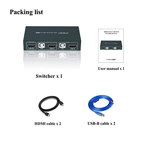 KVM Switch HDMI 2 Port, 4 USB 2.0 Hub, UHD 4K@30Hz, No Powered Requir, Support Wireless Keyboard and Mouse, with HDMI and USB Cables - Thumbnail 6