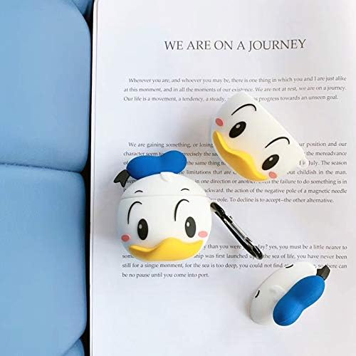 Ultra Thick Soft Silicone White and Blue Cartoon Duck Case for Apple Airpods 1 2 with Bag Belt Hook Carabiner Hook Protective Mini Bag Protector Cute Lovely Adorable Kawaii Navy Sailor Girls Daughter