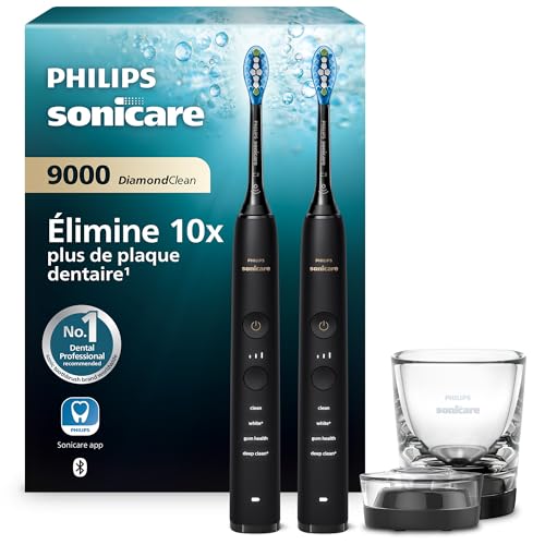 Philips Sonicare DiamondClean 9000, Brosse à dents électrique sonique avec application, capteur de pression, 4 modes de brossage, 3 niveaux d'intensité, verre de charge, noir, pack de deux, HX9914/54
