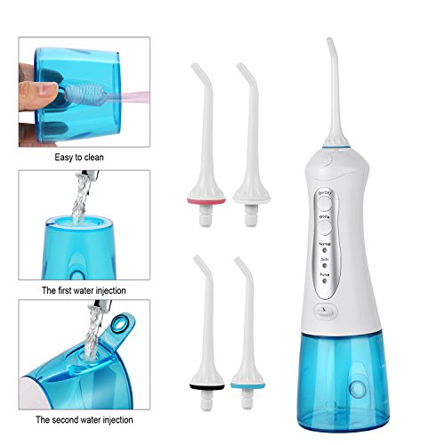 ACEVIVI Water flosser Oral Irrigator for Teeth with 4 Jet tips Cordless Rechargeable Portable, Easy-to-Clean Detachable Water Tank (200ml, Blue)