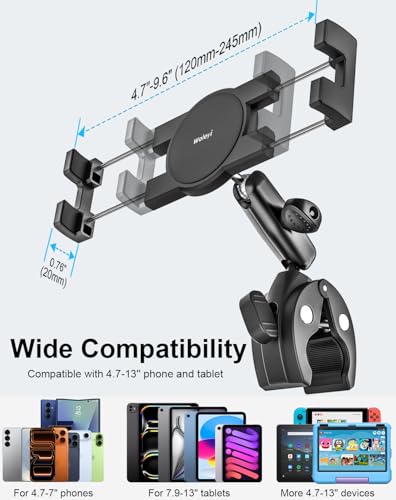 Metal iPad Tablet Mount for Boat Helm, Wheelchair Pole, Golf Cart, Stroller, Mic Stand, Fitness bike, Road Mountain Bicycle - 360° Adjustable Handlebar Clamp for 4.7-13" iPad Pro, Air, Mini, Galaxy