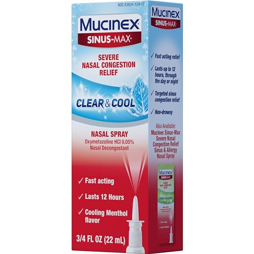 MUCINEX SINUS-MAX NASAL SPRAY DECONGESTANT, 12 HOUR OVER-THE-COUNTER MEDICATION NOSE SPRAY FOR SINUS RELIEF, NASAL DECONGESTANTS FOR ADULTS, COOLING MENTHOL, 0.75 FL OZ (PACK OF 3)