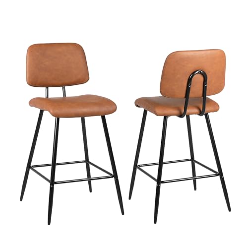 Nusetx 26 Inch Counter Height Bar Stools Set of 2, Modern Faux Leather Kitchen Island Chairs with Back and Metal Leg, Upholstered BarStools, Brown