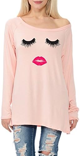 Light So Shine Eyelashes and Lips Printed Women's Long Sleeves Top With Scoop Neck (NT7444-528) (Rose, Large)