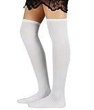 Zando Women Cotton Thin Stripes Tube Thigh High Tights Over Knee Stocking Socks B White One Size