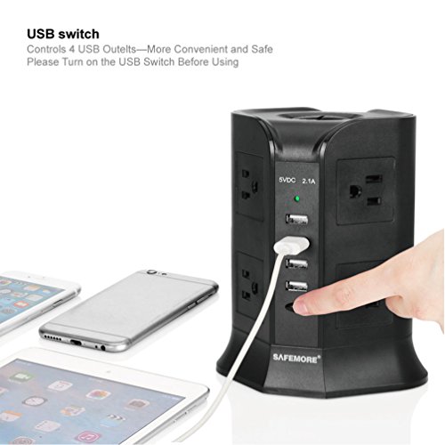 SAFEMORE Smart Power Plug Surge Protector Power Strip Tower 8-Outlet 4-USB Desktop Charging Station Multiple Plug Outlets with 6.5ft/2M Long Power Cord 110V Outlet Tower (Black)