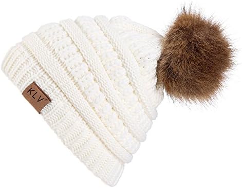 Sanxin Winter Adult Unisex Knitted Winter Warm Large Faux Fur Beanie Bobble Pom Pom Hat Ski Snowboard Hats (L, White)