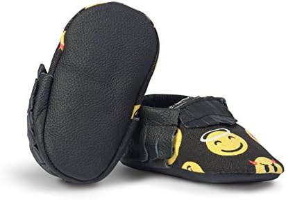 BirdRock Baby Moccasins - Soft Sole Leather Boys and Girls Shoes for Infants, Babies, and Toddlers (Medium | 12-18 Months | US 5.5, Emoji)