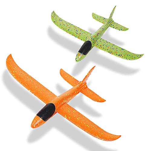 kizh Throwing Foam Airplane Toys 13.5 Inches Flying Glider Inertia Plane Manual Circling Functions Flying Aircraft Fun Best Outdoor Fun for Kids Children Boys Girls 2pcs Green & Orange