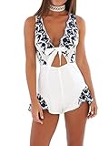 Simplee Apparel Women's Floral Print Cut Out V Neck Sleeveless Romper Jumpsuit Outfit White
