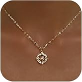KISSCLOUD Gold Necklace for Women 14K Gold Plated Dainty Pendant Chain Puffy Heart Italian Horn Radiant Sun Compass CZ Teardrop Bow Charm Trendy Jewelry Gift