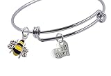 Expandable Bangle Bracelet with Silver Plated Lil Sister Heart with Clear Crystal Charm, Peace Sign, and Small Heart Charms, Qty:1
