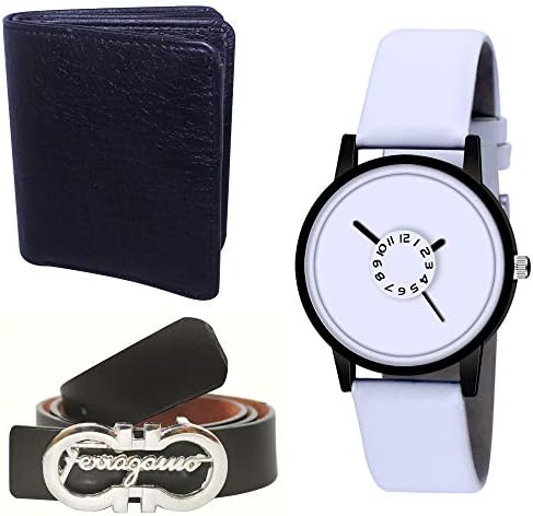 Fashion Accessories Combo of Black & White RFID Blocking Leather Wallet, Analog Watch & Belt for Men XF_WBW_566