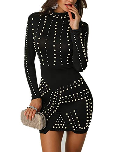 Ninimour Women Black Studded Long Sleeve Dress M Black