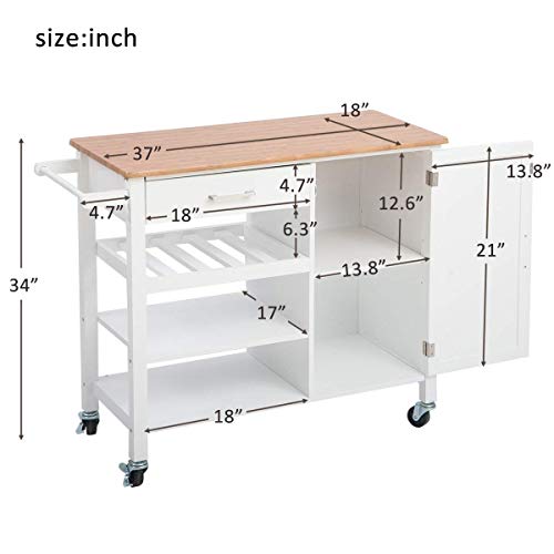 Kitchen Cart Island On Wheels,JULYFOX Kitchen Trolley Microwave Cart with Storage Drawers Cabinet 3 Shelves Wine Rack Solid Wood Breakfast Cart 34 inches Tall Bar Table for Small Spaces White and Oak