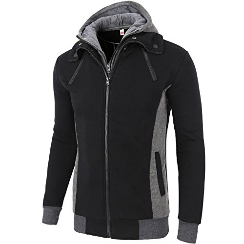 Manwan walk Men's Cotton Double Full Zipper Fleece Hoodie W97 (X-Large, Black)