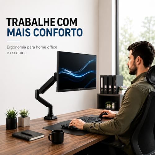 Suporte Articulado para Monitor com Pistão a Gás 10" a 35" | Braço Ergonômico de Mesa com Morsa | Ajuste de Altura, Inclinação 90° e Rotação 360° | VESA 75x75 e 100x100 | Suporta até 9kg