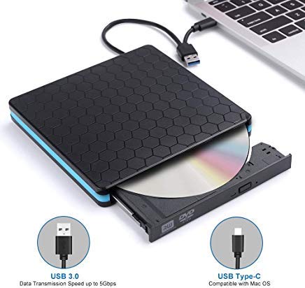 External CD Drive with USB 3.0 & Type-C, Optical Drive for USB C VCD/DVD/CD -ROM/ -R/ +R /-RW with High Speed, CD Burner/Reader/Writer, Suitable for Windows/Linux/MAC OS
