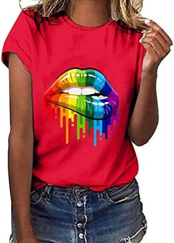 IanWi Painted T-Shirt Plus Size Lips Gesture Print Short Sleeve Casual Blouse for Women