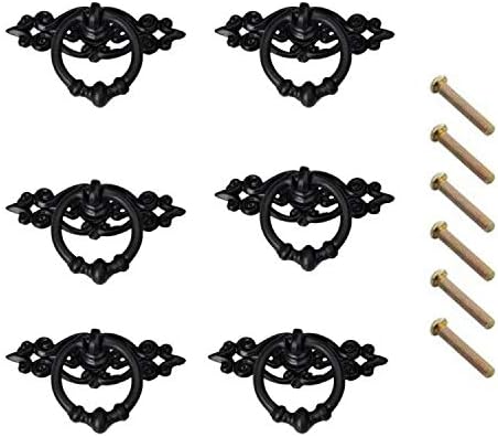 6 Piece Black Antique Cabinet Door Drawers Cupboard Ring Pull Handle Retro Knob with Screws