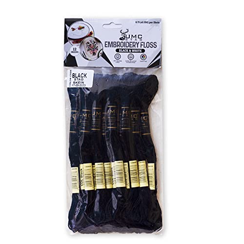 UMC STAG Pack of 12 Black Premium Embroidery Thread | 100% Egyptian Cotton Premium Skeins | Cross Stitch Embroidery Floss | Oeko TEX Certified Stranded Cotton | Ideal for Arts & Crafts (Black-12)