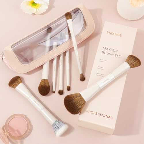 MAANGE Makeup Brush Set 14-In-7 Double Ended Essential Foundation Makeup Brushes for Powder Concealers Eye Shadows Blush Make Up Brushes with Travel Makeup Case