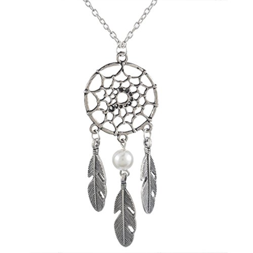 MJartoria Women's Dangling Feather White Charms Filigree Tribal Dreamcatcher Pendant Chain Necklace - Thumbnail 5