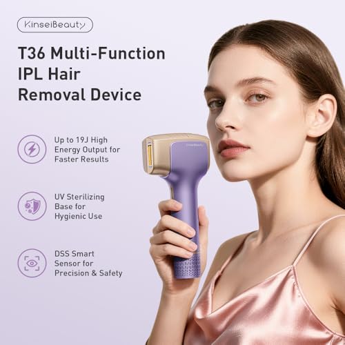 KinseiBeauty T36 Laser Hair Removal with Ice Cooling Painless Hair Removal for Women,10 Energy Levels and 999,999 Flashes, Hair Removal Device for Whole Body with 1*Bikini+1*Face+1*HR Lamp, Purple