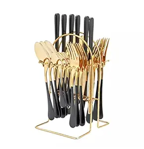 SUNPRO 24 Piece Stainless Steel Cutlery Set with Rack (Golden-Black)
