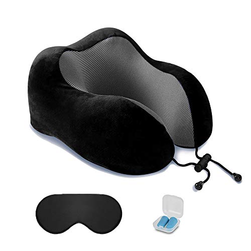 Memory Foam Travel Pillow, Neck Pillow with 360° Head Neck Support for Sleeping, Travelling, Airplanes and Flights, Including Sleep Mask, Earplugs (Black)