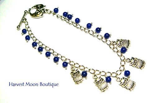 OWL Charm Bracelet Artisan Jewelry Handmade by Angie Pinkal Blue Jade Beaded Woodland Spirit Guide Cute Whimsical Metaphysical Animal