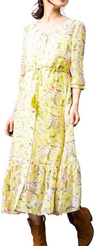 Sweet Mommy お買得 マタニティ ワンピース 授乳服 シフォン 裾フリル コットン授乳インナー M 羽織りにもなる タッセル紐 プリント イエロー 花柄