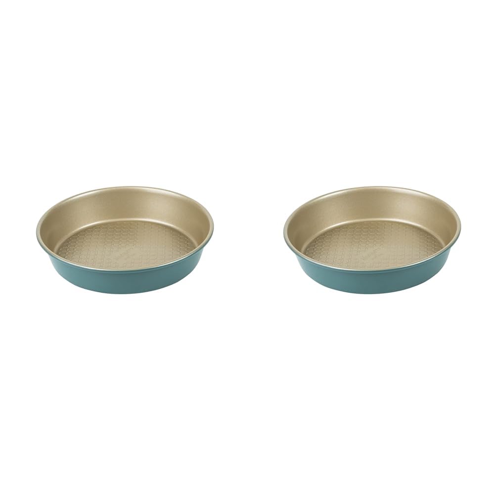 PRESTIGE x Nadiya Round 9 Inch Cake Tins for Baking - Non Stick Cake Tin 23 cm, Dishwasher Safe Lightweight Steel Bakeware, Teal and Gold (Pack of 2)