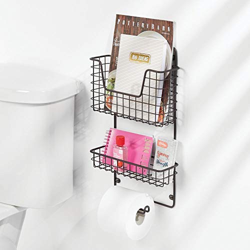 mDesign Wall Mount Metal Toilet Tissue Paper Roll Holder and Dispenser - 3 Tier Bathroom Storage Organizer with Magazine Rack Basket and Accessory Tray - Bronze