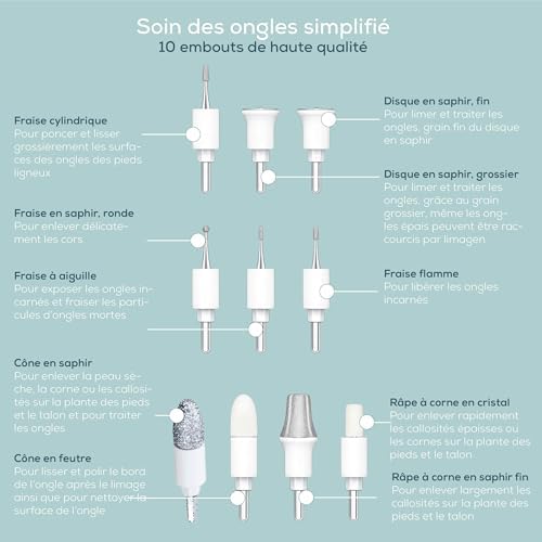 MP 84 Ponceuse pour ongles, lime à ongles électrique avec batterie, 10 embouts, lumière LED, étui de rangement inclus, jusqu'à 4400 tr/min, set d'ongles pour manucure/pédicure