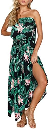 Kimloog Chiffon Long Sundress, Womens Tropical Plants Print Bandeau Belted Beach Maxi Dress Split