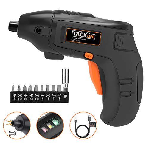 TACKLIFE Electric Screwdriver, 4V Max Cordless Screwdriver Rechargeable with Micro USB, Front LED Light, 10 pcs Screwdriver Bits, 3 Battery Indicator, Compact and Lightweight Design SDP60DC