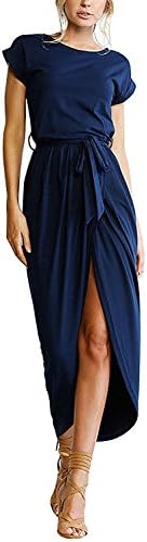 Women's Casual Short Sleeve Front Slit Crew Neck Chic Long Maxi Dress Belted (XXXL, DarkBlue)