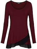Laksmi Long Sleeve Shirt Women, Round Neck A Line Splicing Chiffon Irregular Hem Casual Layered Tunic Tops,Wine Large
