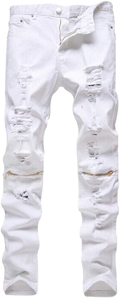 Men's Skinny Slim Fit Straight Ripped Destroyed Distressed Zipper Stretch Knee Patch Denim Pants Jeans