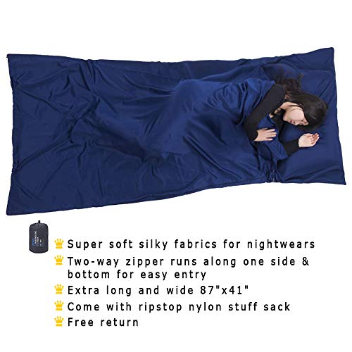 Browint Sleeping Bag Liner with All Around Two-Way Zipper, Travel Sheet with Pillow Pocket, 87"x41" Extra Wide Travel Sleep Sheet for Hotel, Lightweight, Super Soft Silky Fiber Camping Sheet, Multifun - Thumbnail 3