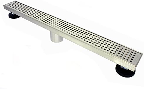 Novalinea ZA Linear Shower Drain (60 Inch SQUARES Pattern) Sleek and Modern Brushed Stainless Steel, with Hair Strainer, Leveling Feet and Threaded Adapter