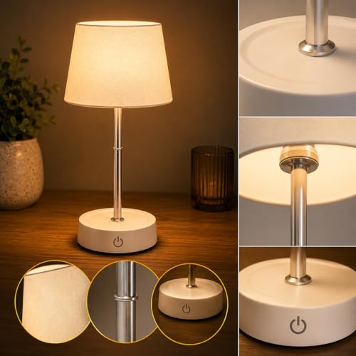 Luminária de Mesa LED Recarregável USB Touch 3 Níveis de Luz Dimerizável Sem Fio Abajur Portátil Retrátil para Quarto, Cabeceira, Estudo e Escritório