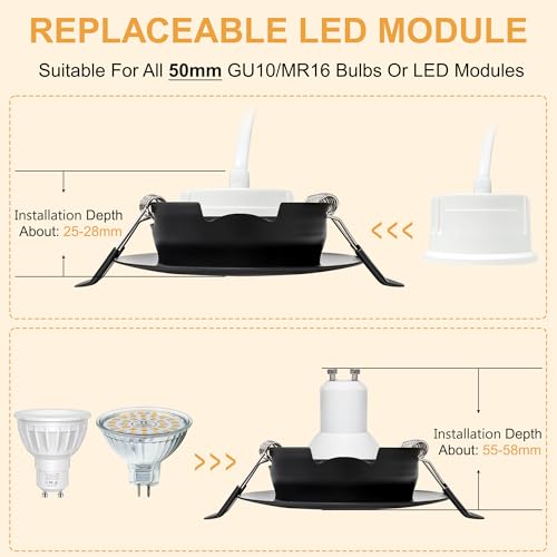 Aulaiyi 3CCT LED Downlight Recessed Ceiling 230V Dimmable 68mm 5.5W IP44 Portholes Extra Flat LED Spotlights Interior Ceiling 45° Rotatable Recessed Spotlight for Bathrooms, Black 10 Pack