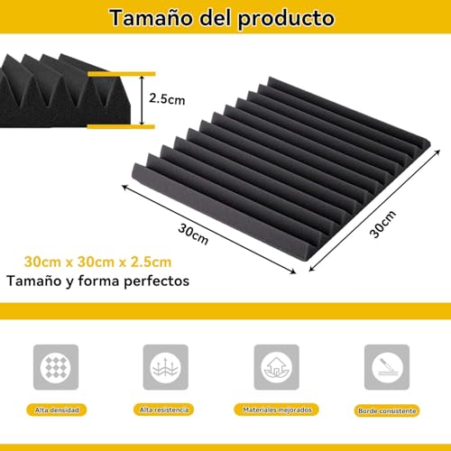 60 pcs Paneles Acústicos Autoadhesivo,30x30x2.5cm Paneles de Espuma Acustica,Esponja Acustica con Respaldo Adhesivo,Alta Densidad Aislante de Sonido,para Estudio,Teatro en Casa y Cuarto de Grabación
