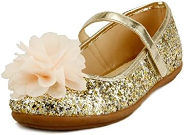 Wedding Party Flower Girl's Shoes Glitter Sparkling Chiffon Floral on Topper 3 Colors (11, Gold )