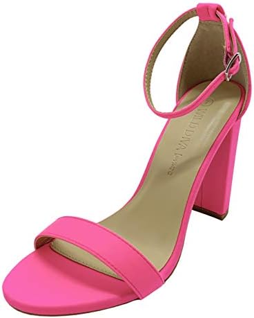 neon pink block heels