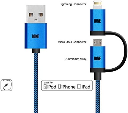 IONE 2 In 1 Android Micro USB / Apple IOS Lightning 8pin with USB / Micro USB OTG Braided Charging Data Cable. Turn Your Phone Into A Power Bank. For Apple ios &amp; Android Device BLUEBLACK