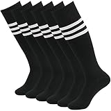 Fasoar Men's Women's Knee High Stripe Football Sports Boot Socks Soccer Hosiery Pack of 6 Black  6  Black  One Size