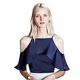 JET-BOND Women Chiffon Halter Tops Ruffle Cami Shirts FS42 Cold Shoulder Swing Camisoles Blouse (M, Navy)